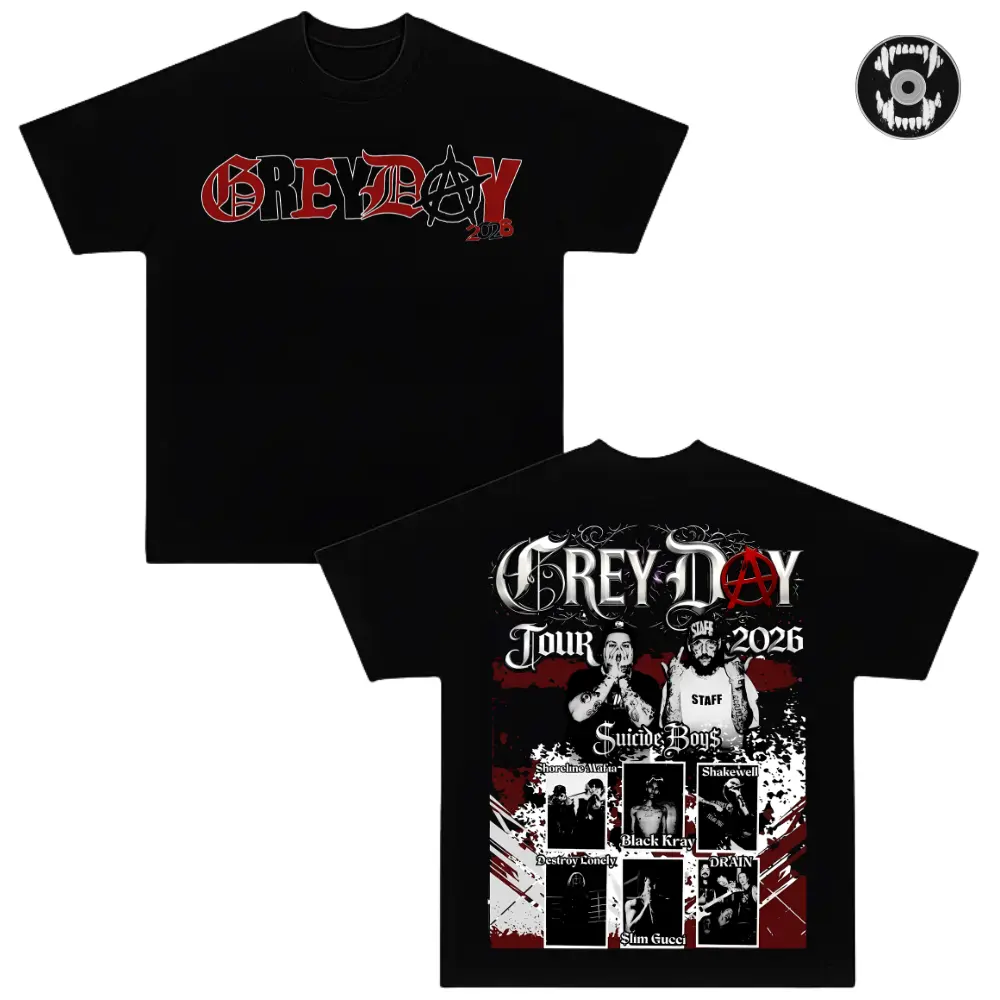 GreyDay Tour 2026 Graphic T-Shirt, Suicideboys G59 Records Concert Merch, Bones Night Lovell Shakewell Germ Black Kray DRAIN Shoreline Mafia Music Tour Shirt, Underground Hip Hop Rap Festival Tee