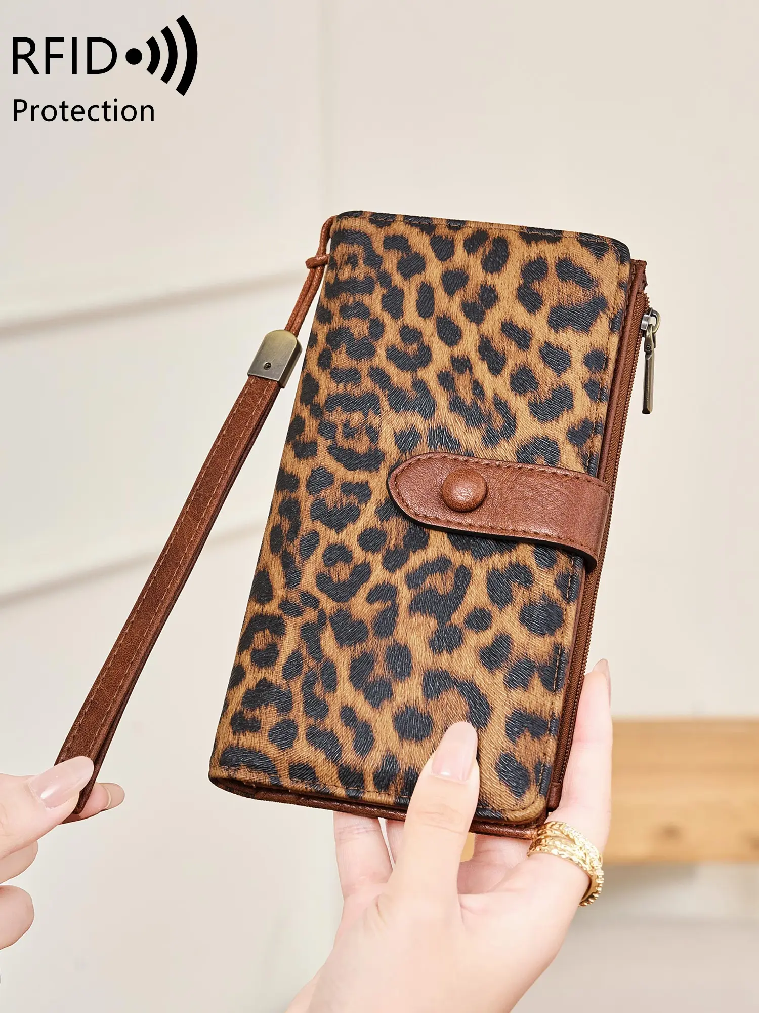 Women's RFID Blocking Wallet, Dual-Fold Zipper Coin Pouch, Wrist Strap, ID Window, Compact Durable Design, Fashion Accessory, Casual Trendy Wallet, RFID Wristlet Wallet, RFID Blocking Purse, Fashionable Wallet, RFID Protected Wallet