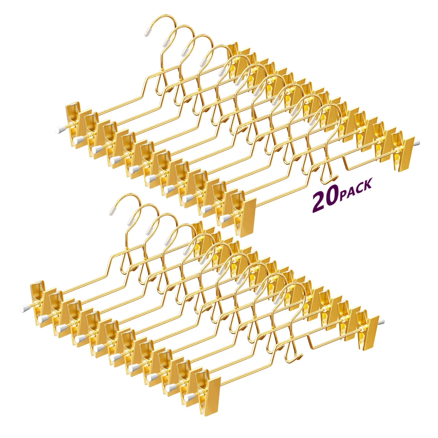WSJYKN 20-Pack Durable Lightweight Gold Metal Trousers Hangers - Sturdy, Stackable, Space-Saving, Smooth Rubber Clips, Rotatable, Adjustable Universal Hooks, Flexible Clamp Hangers & Pegs for Adults' Pants/Jeans in Bedroom/Box
