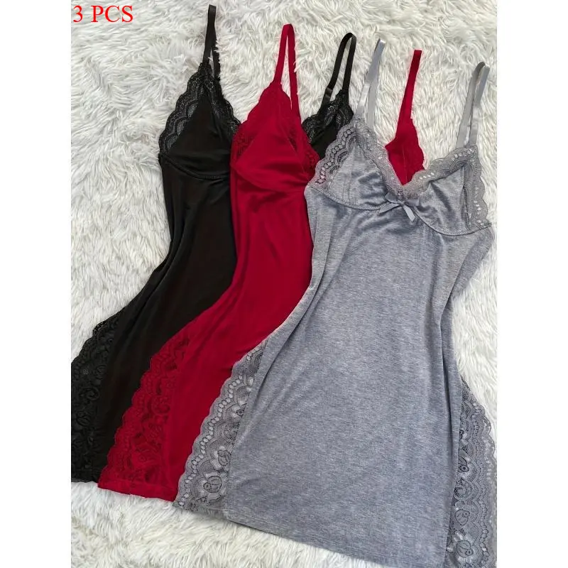3 pcs Slip Into Elegance with This Women's Lace Pajama Set. Designed with Sheer Lace Panels And Side Slits, It Adds A Touch Of Sexiness While Keeping You Comfortable All Night Long. Perfect for Bedroom Wear, Honeymoon Nights, Or Romantic Evenings， Cami