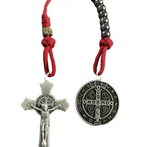 Saint Benedict One Decade Rosary with Red Cord and Silver Crucifix & Medal Beads