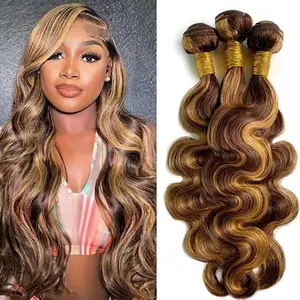 Ombre Highlight Body Wave Bundles Human Hair 14A Honey Blonde P4/27 Human Hair Body Wave 4 Bundles 16-30 Inches 100% Unprocessed Brazilian Virgin Hair Bouble Weft Natural Weave body wave