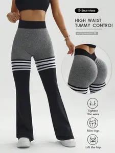 Women's High Elasticity Yoga Pants, Colorblock Striped Flare Leggings, Breathable V-Waist Gym Workout Long Trousers