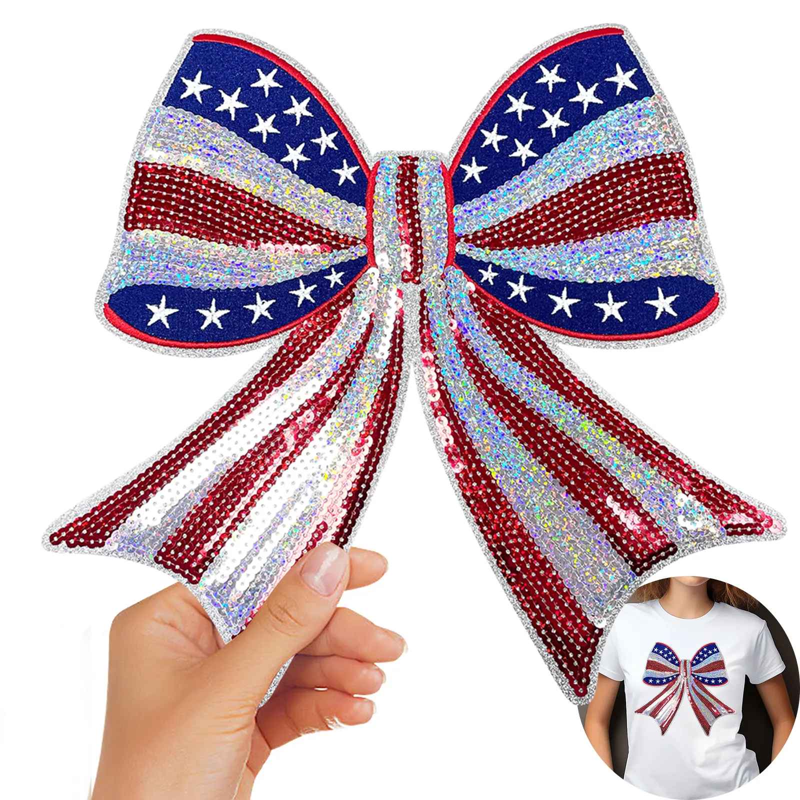 CY Large 10" American Flag Bow Sequin Iron On Patch Patriotic USA Embroidered Applique DIY Accessories for Hats Jeans Jackets Bags