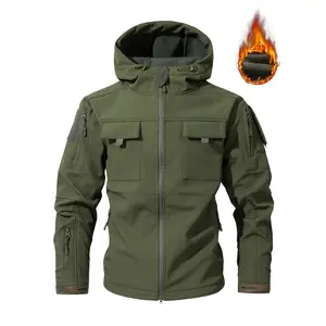 Men's tactical jacket military green wool lining windproof soft shell winter coat with multiple pockets, suitable for outdoor activities