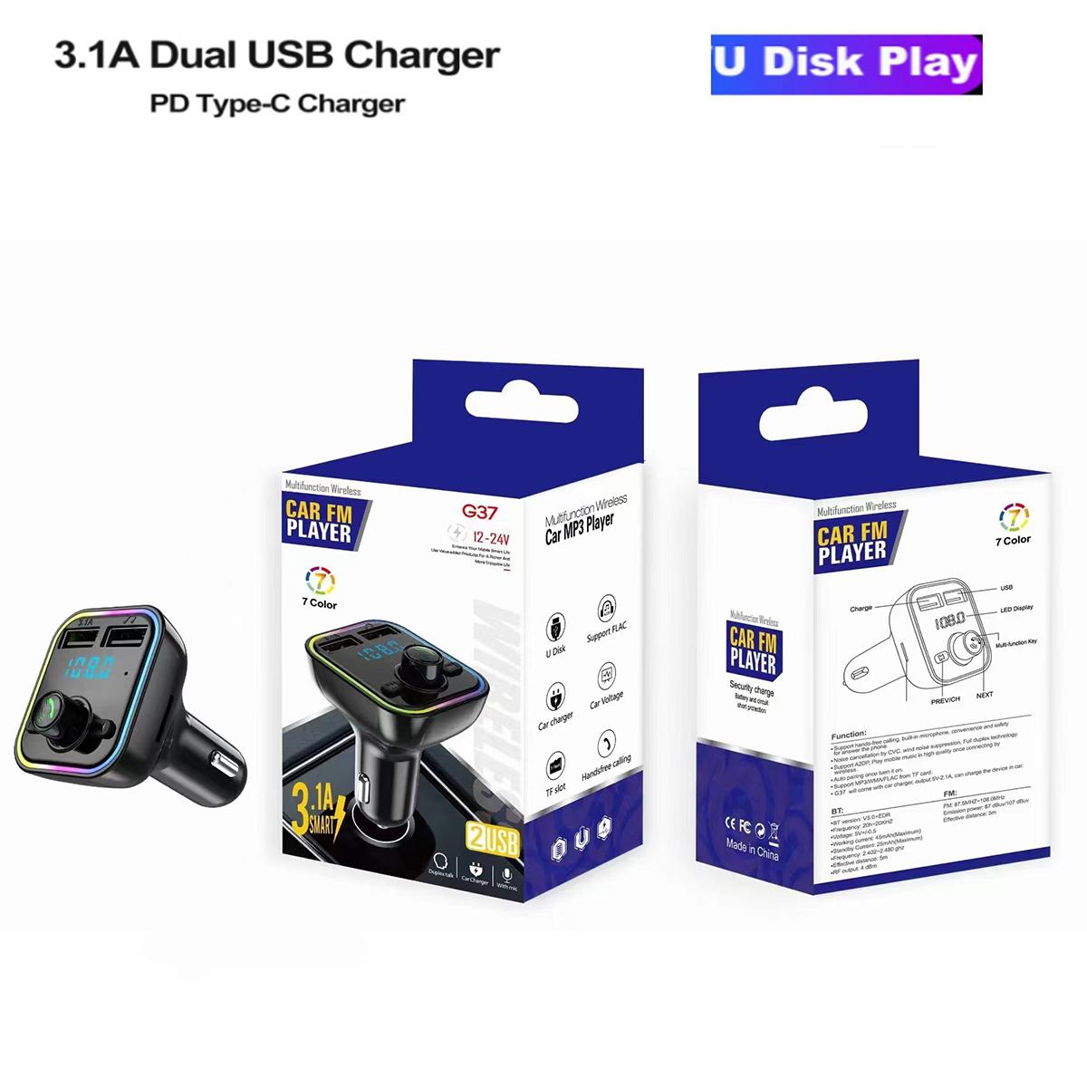 Nuokaiqi Bluetooth 5.3 Car MP3 Player FM Transmitter, 7-Color RGB LED Light & PD/USB-C Fast Charger, TF Card/USB Disk Supported, Lossless Audio Sync Car Must-Haves