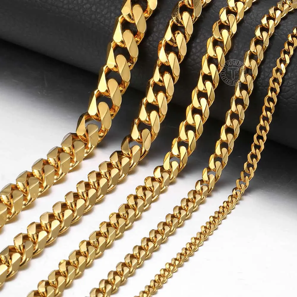 3-11mm Gold Plated Stainless Steel Cuban Curb Chain Necklace for Mens Womens Link Jewelry Chunky Multilayer