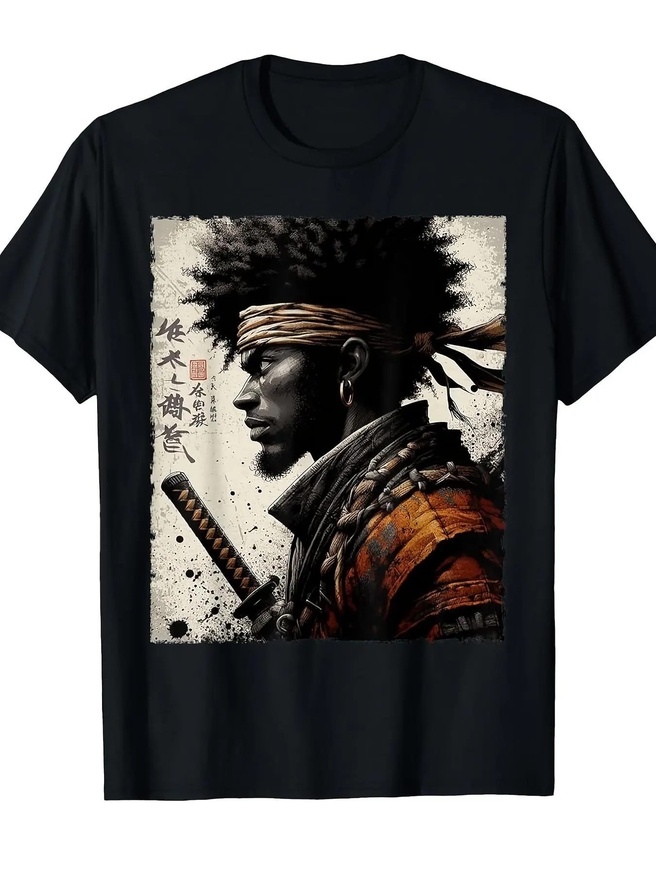 Men's Vintage African American Samurai Graphic T-Shirt, 100% Cotton Regular Fit Short Sleeve Crew Neck Top, Fabric, Tops, Shortsleeve, Casual, Menswear