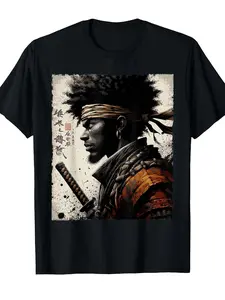 Men's Cotton Round-Neck Short-Sleeve Stretch Casual T-Shirt - Afro American Samurai Vintage African Warrior with Katana Design, Menswear Top, Soft Fabric Clothes