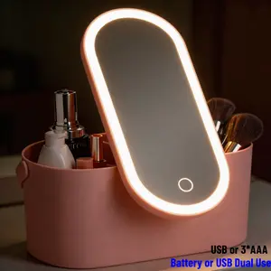 Cosmetic Organizer Box with LED Makeup Mirror, Portable Travel Light-Up Mirror, Multi-Functional Mobile Makeup Station