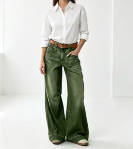 Womenswear Women's High-Waisted Stretchy Wide Leg Jeans with Trendy Seamed Front, Loose Denim Pants