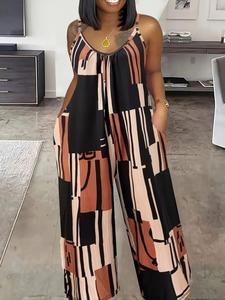 【plus size】 all over print backless wide leg jumpsuit, casual fit scoop neck sleeveless jumpsuit for beach holiday,back-to-school clothing, spaghetti strap onesies, summer clothes women, jumpsuit for women, womenswear, breathable clothes for women
