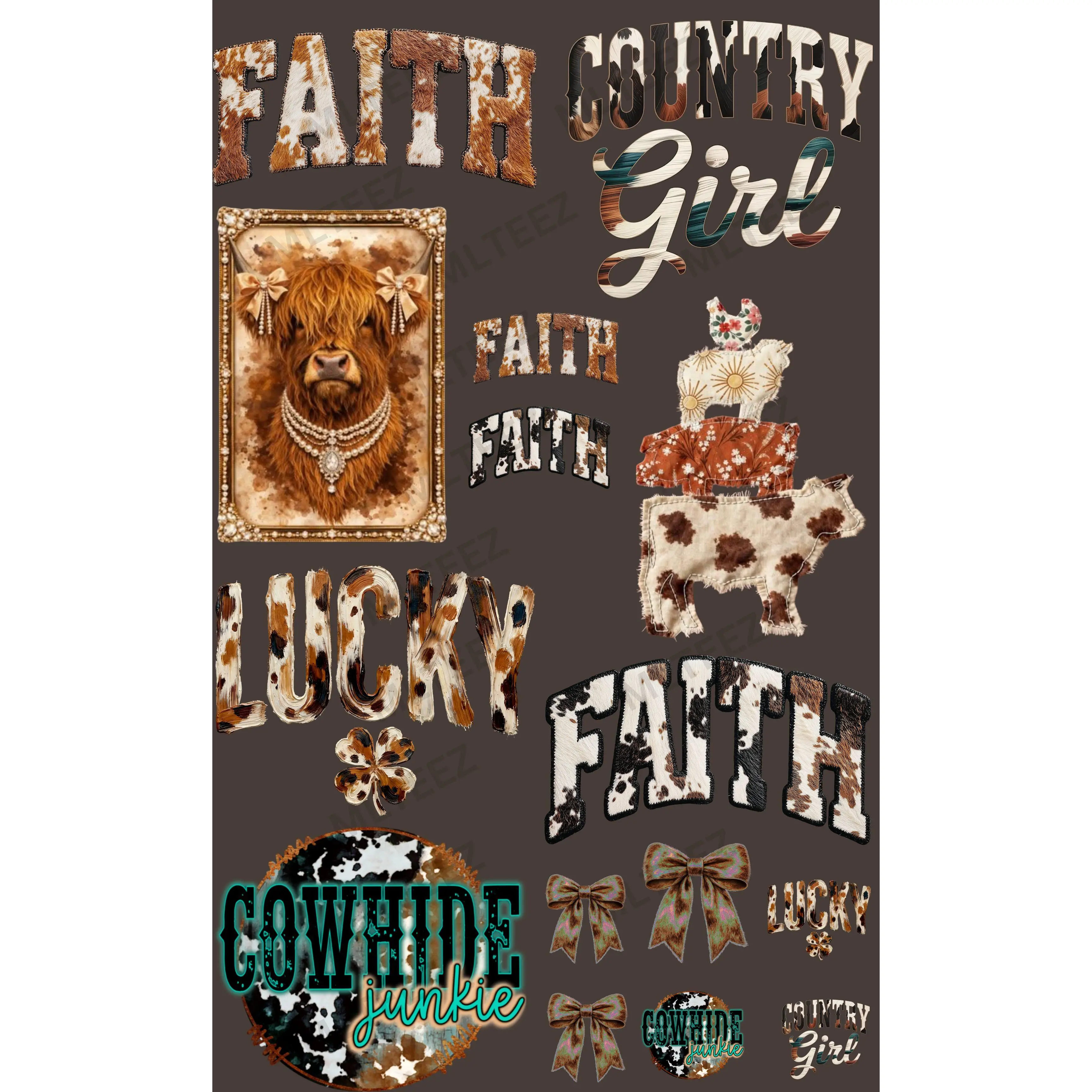 COWHIDE WESTERN (1) PREMADE GANGSHEET - 22X36 DTF TRANSFERS - DIRECT TO FILM
