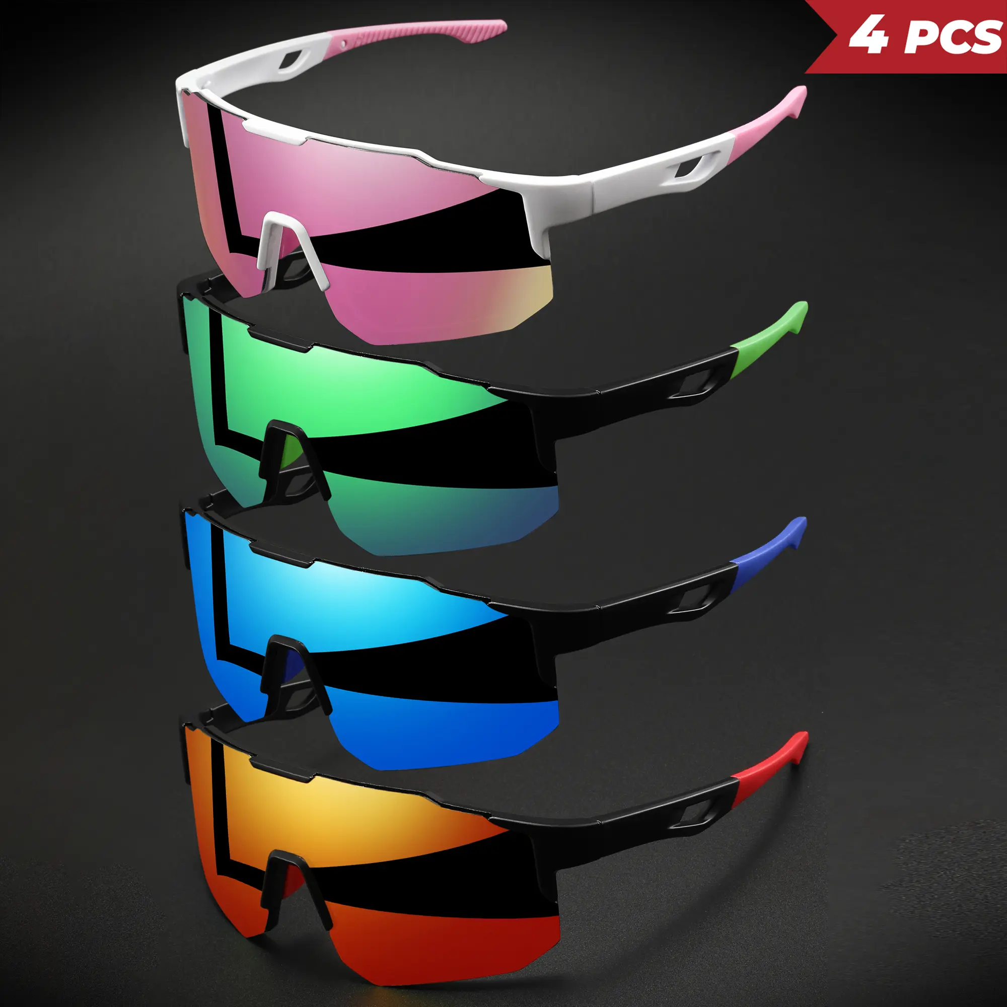XUH 4-Pack Oversize Fit Wraparound Lens Cycling Eyewear - Unisex Outdoor Cycling Accessories with Rubber Details, UV400 Shield for Bikes & Hiking
