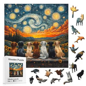 501-Piece Color Oil Painting Puppy Family Box Wooden Creative Puzzle, Special-Shaped Adult Handmade DIY Gift, Holiday & Christmas Present