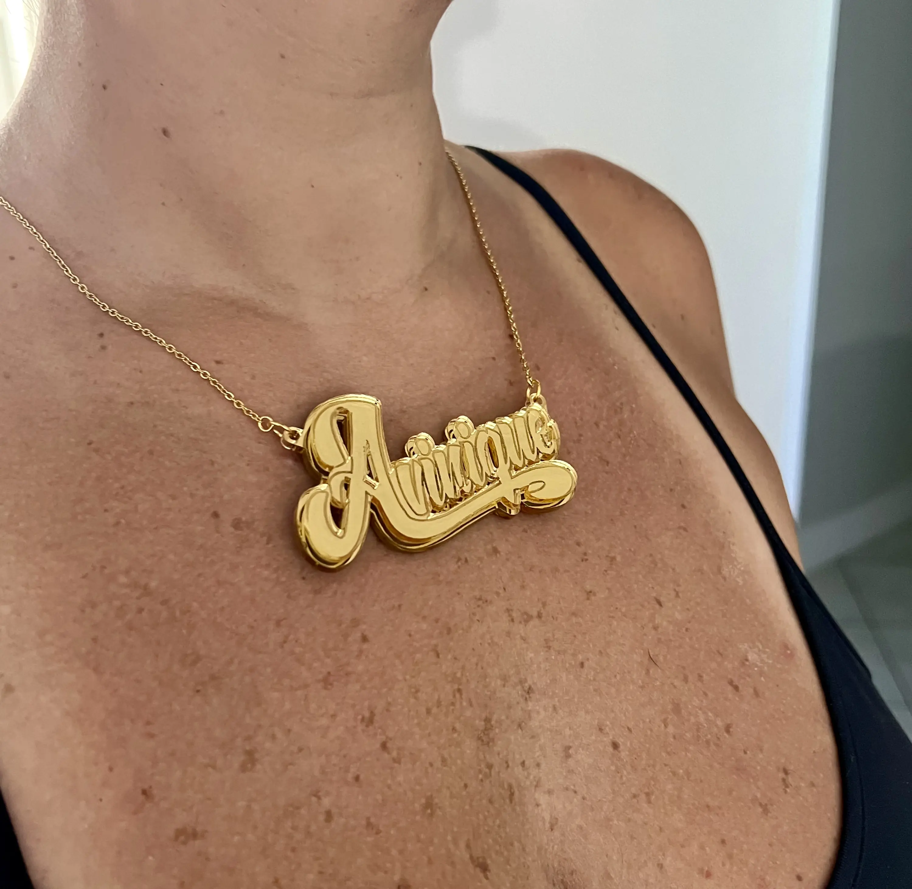 Acrylic Name Pendant Necklace in Acrylic Design. Mirror colors. Can be 4" long w/ Chain. In a Gift Box.