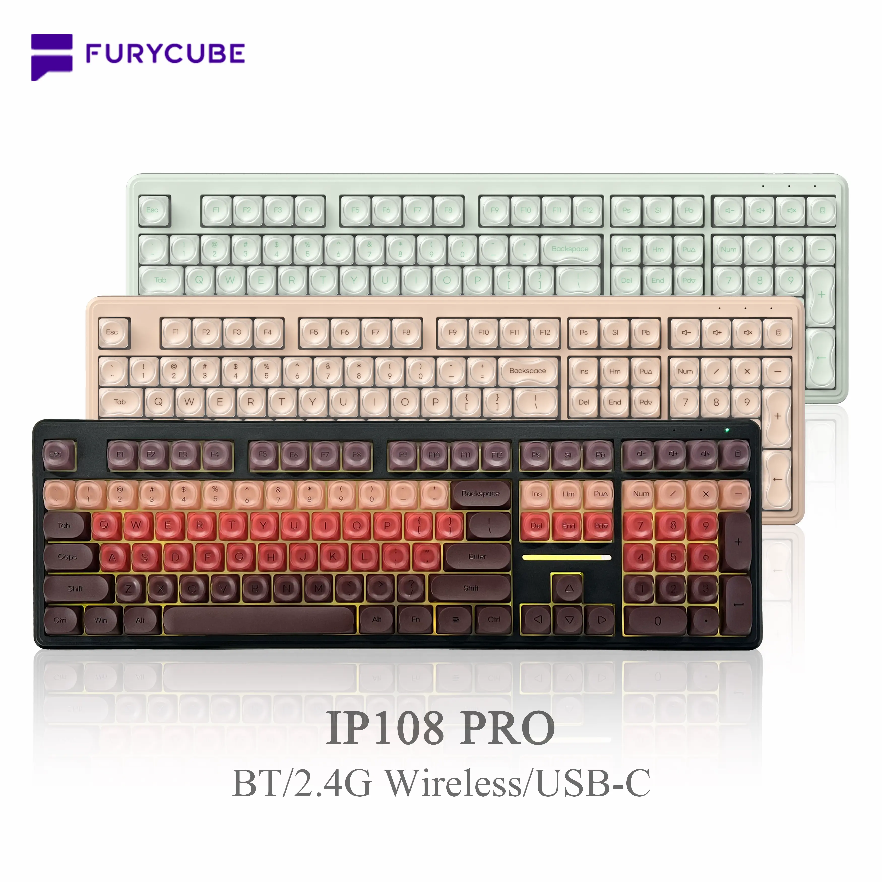 FURYCUBE IP108 PRO Foundation office Keyboard, 108 keys Tri-mode Cute quiet Keyboard with Number Pad, Home Key, Mechanical Feel Keyboard, RGB Lighting Ergonomic Computer Office Gaming, Dealsforyou, Gift, pc accessories