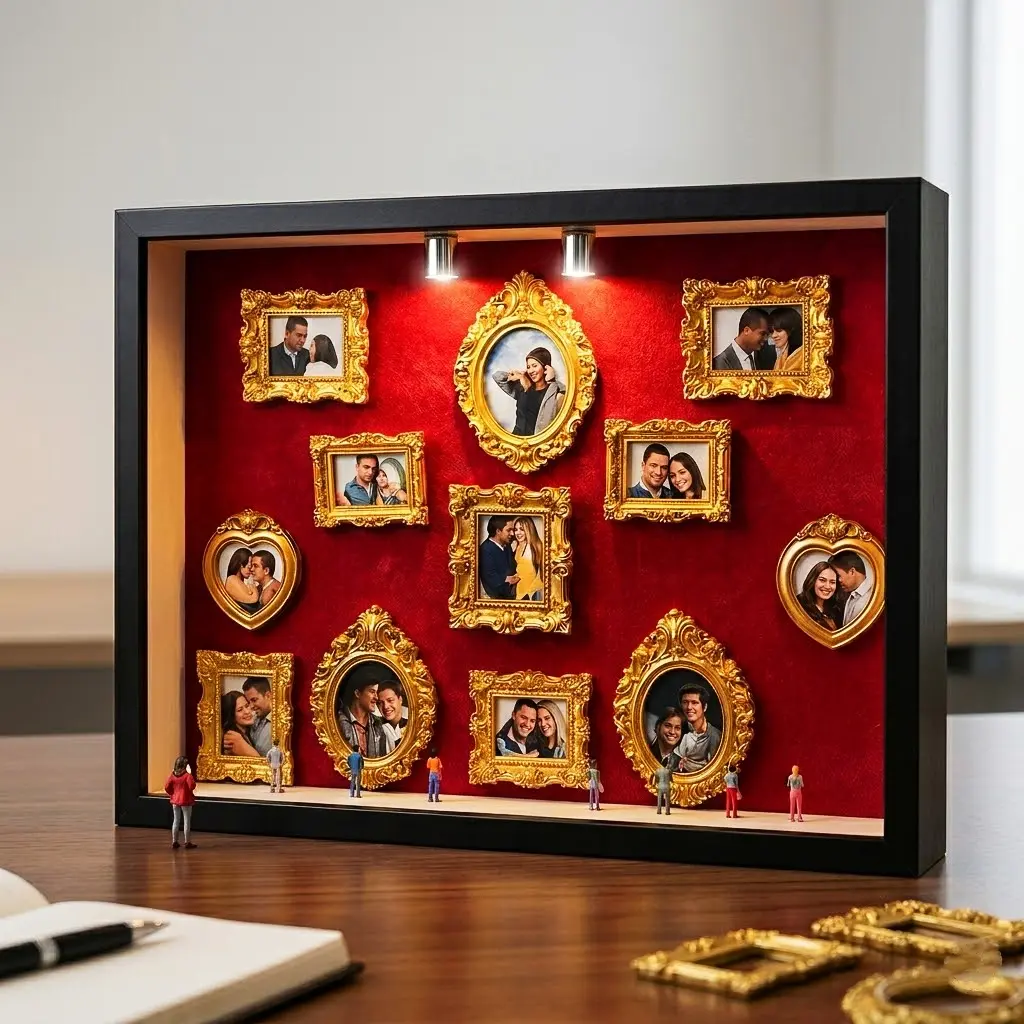 DIY Mini Museum Shadow Box Photo Frame Kit - 11 Mini Frames, 8 Random Figurines, Spotlights, Wooden Keepsake Resin Ornament Set, Adhesive, 8.94×12.36×1.46 Inches, Lighted Home Decor Memory Display, Holiday Gift