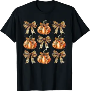 Leopard Coquette Bow Pumpkin Spooky Season Autumn Halloween T-Shirt - Latellestcha Shop 84B0D9LF6R3C