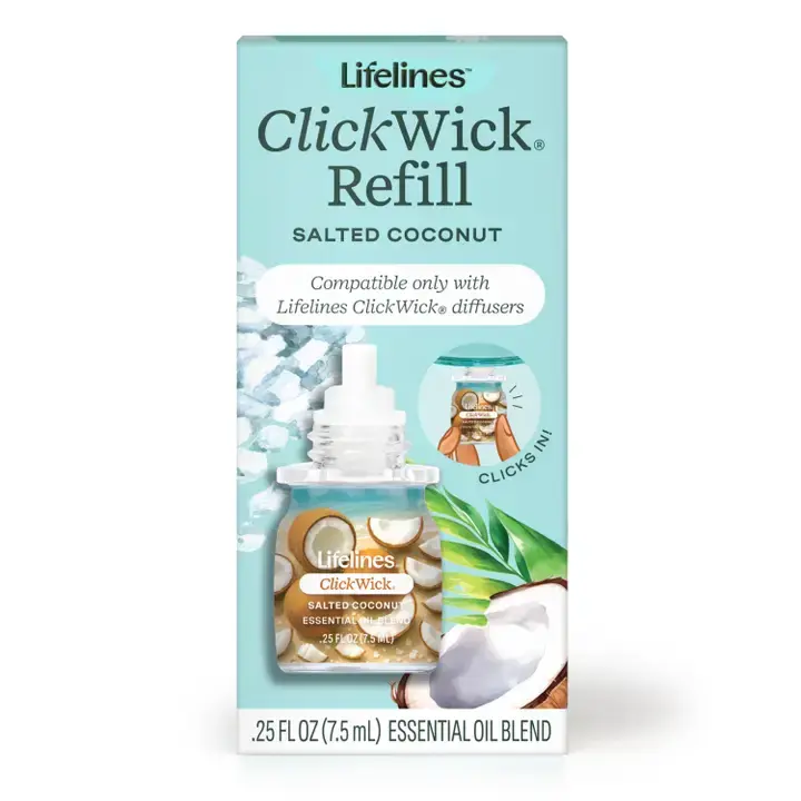 Lifelines ClickWick 7.5ml Essential Oil Diffuser Refill - Salted Coconut Tropical Aroma Scent, Mess-Free Cap, Giftable Box, Essential Oils for Diffuser for Relaxation