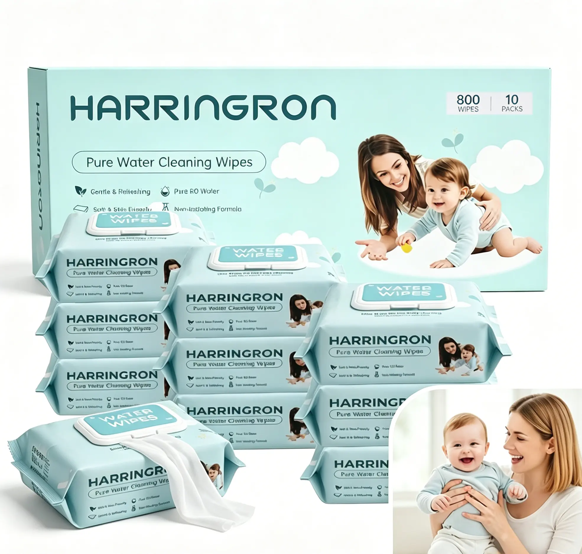 Gentle Pure Water Wipes Fresh-Feel Unscented & Hypoallergenic, Soft Gentle Clean for Sensitive Skin, 10 Flip‑Top Packs (800 Wipes)