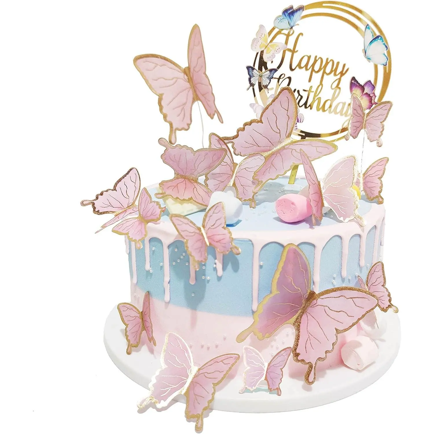 Butterfly Cake Toppers Decorations - 1 Big Happy Birthday Topper &amp; 15Pcs 3D Pink Gold Cupcake Party Supplies for Decorating Baby Shower Girl's