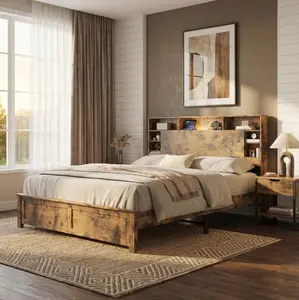 Queen Bed Frame with Mattress, Storage Bookcase Headboard with Charging Station & LED Lights, Platform Bed, No Box Spring Needed, Dark Brown – Cama queen con colchón