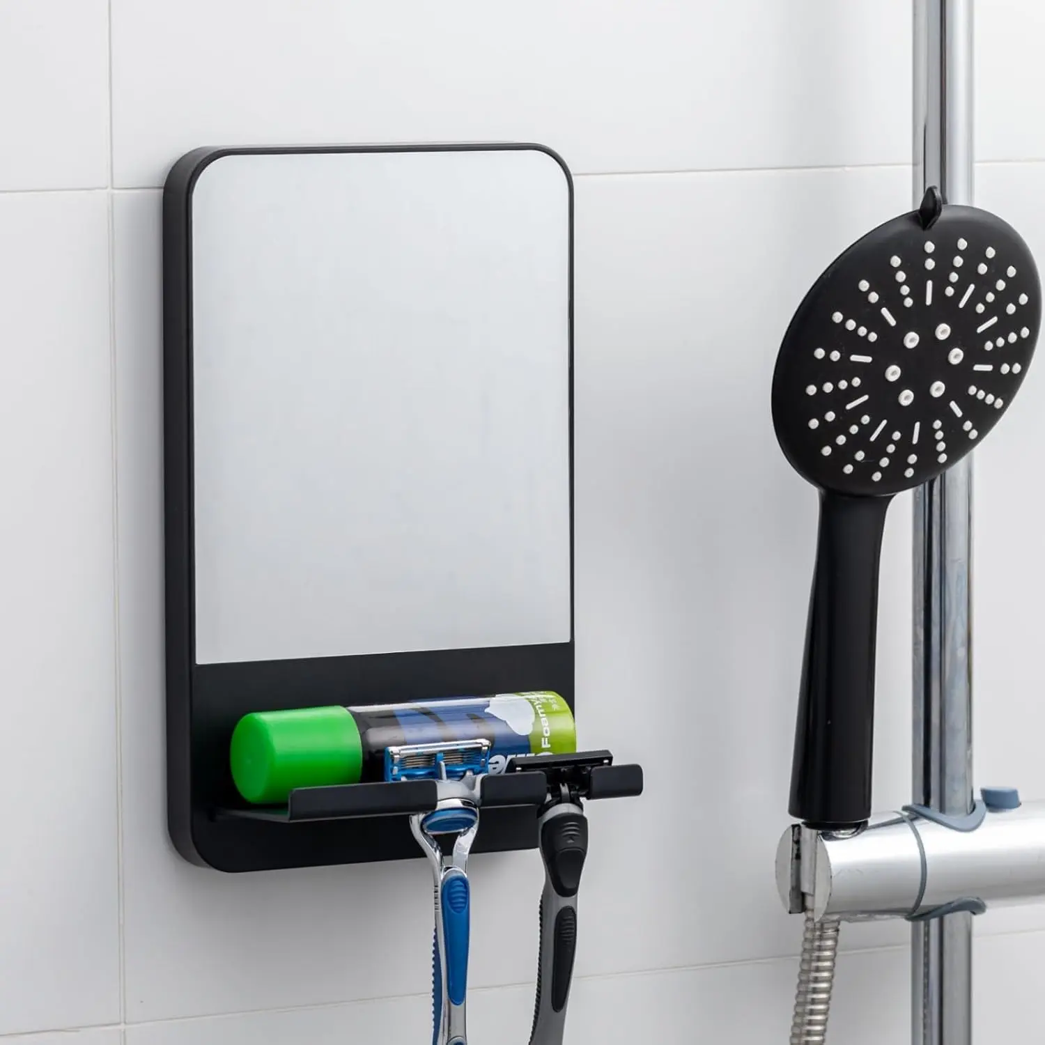 Black Anti-Fog Plastic Rectangle Shower Mirror with Adjustable Suction Mount, Razor Holder Hook, Effortless Shaving & Grooming, Removable Bathroom Gadget for Small Spaces