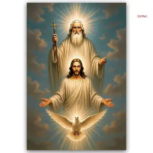 2D Falt 1pc decorative frameless canvas painting "Paradise Trinity: The Radiant Picture of God, Jesus and the Holy Spirit" canvas decorative painting