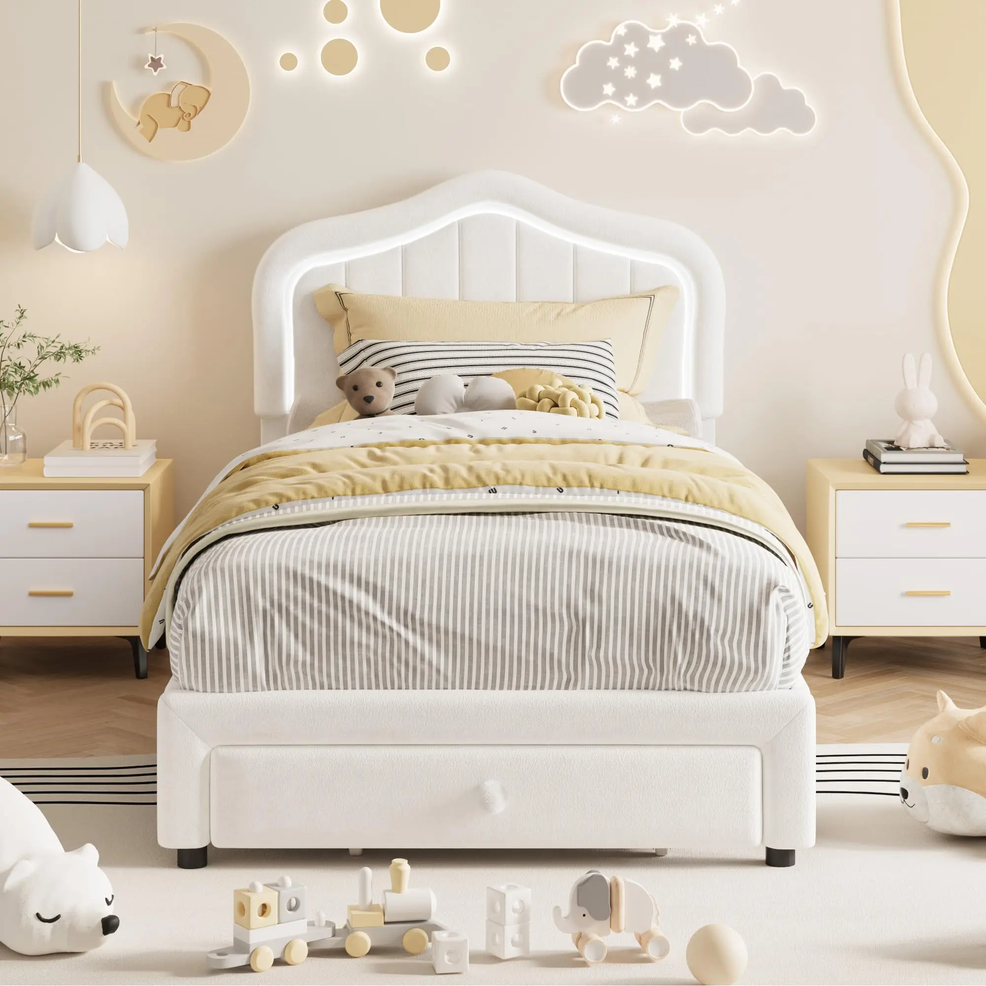 Garvee Upholstered Twin and Full Size LED Bed Frames with Storage Drawer, Velvet Platform, Wooden Slats Support, No Box Spring Needed, Easy Assembly, Multiple Color Options for Youth