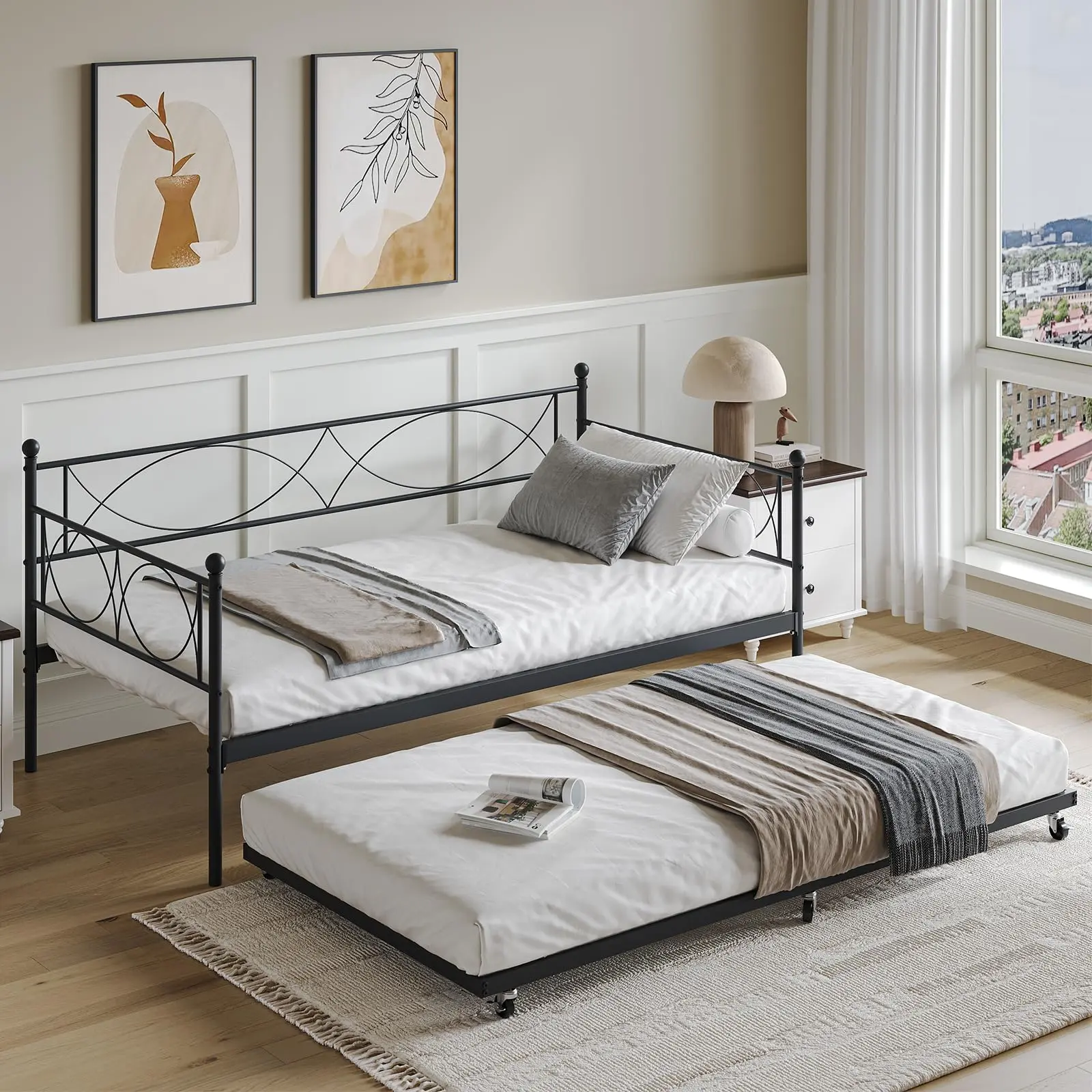 Gaomon Twin Day Bed with Headboard and Pull Out Trundle - Metal Frame with Premium Steel Slat Support, Multifunctional Platform Bed for Bedroom, Guest Room, Black, Pull Out Bed
