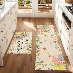 2Pcs Spring Flowers and Rabbits Easter Floor mat set including farmhouse kitchen Rug dining room flooring laundry room decorative carpet mat Kitchen Runner Rug