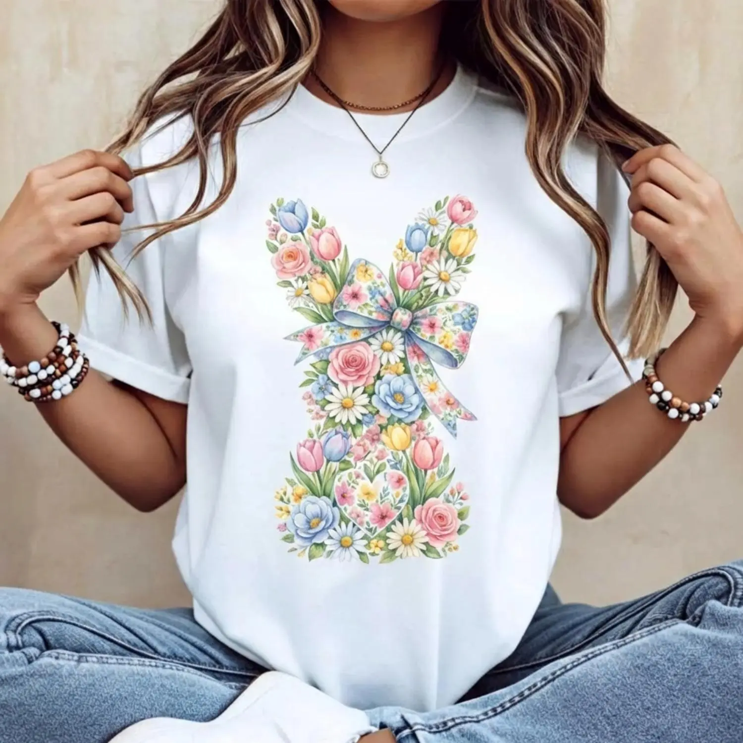 Women's Casual Round Neck Short Sleeve TShirt Featuring Easter Bunny With Pink Bow and Colorful Swirls Print for Spring Festival and Holiday Comfort Top