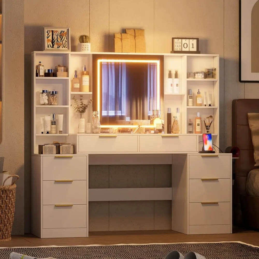 Lighted Makeup Vanity Desk with Adjustable Brightness Mirror, 59" Modern Vanity Table with 8 Drawers and Open Storage Shelves, Stylish Dressing Table for Bedroom Women, Lighted Vanity Desk