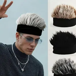 Men's Funky Faux Fur Knit Beanie Hat Hip-Hop Style No Brim Black & White Design Warm Winter Cap Unisex Streetwear Gift Soft Comfortable Trendy Urban Fashion Unique Statement Piece