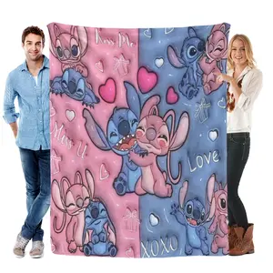 Disney TikTok Famous Stitch Summer Blanket Soft Cooling Throw Blanket for Bedroom Couch Sofa Pink & Blue Heart Designs Miss U Love Texts