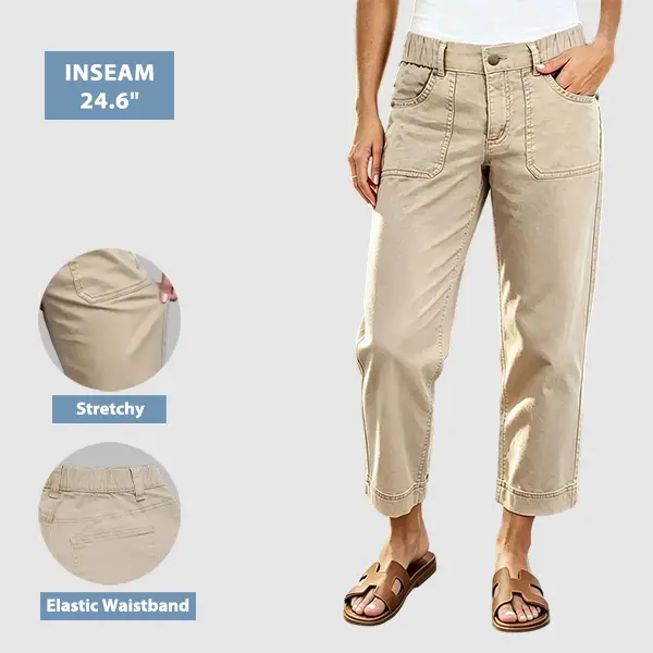 Flamingals Solid Patch Pocket Elastic Back Mid Rise Straight Leg Crop Pants Stretchy 24.6'' Inseam