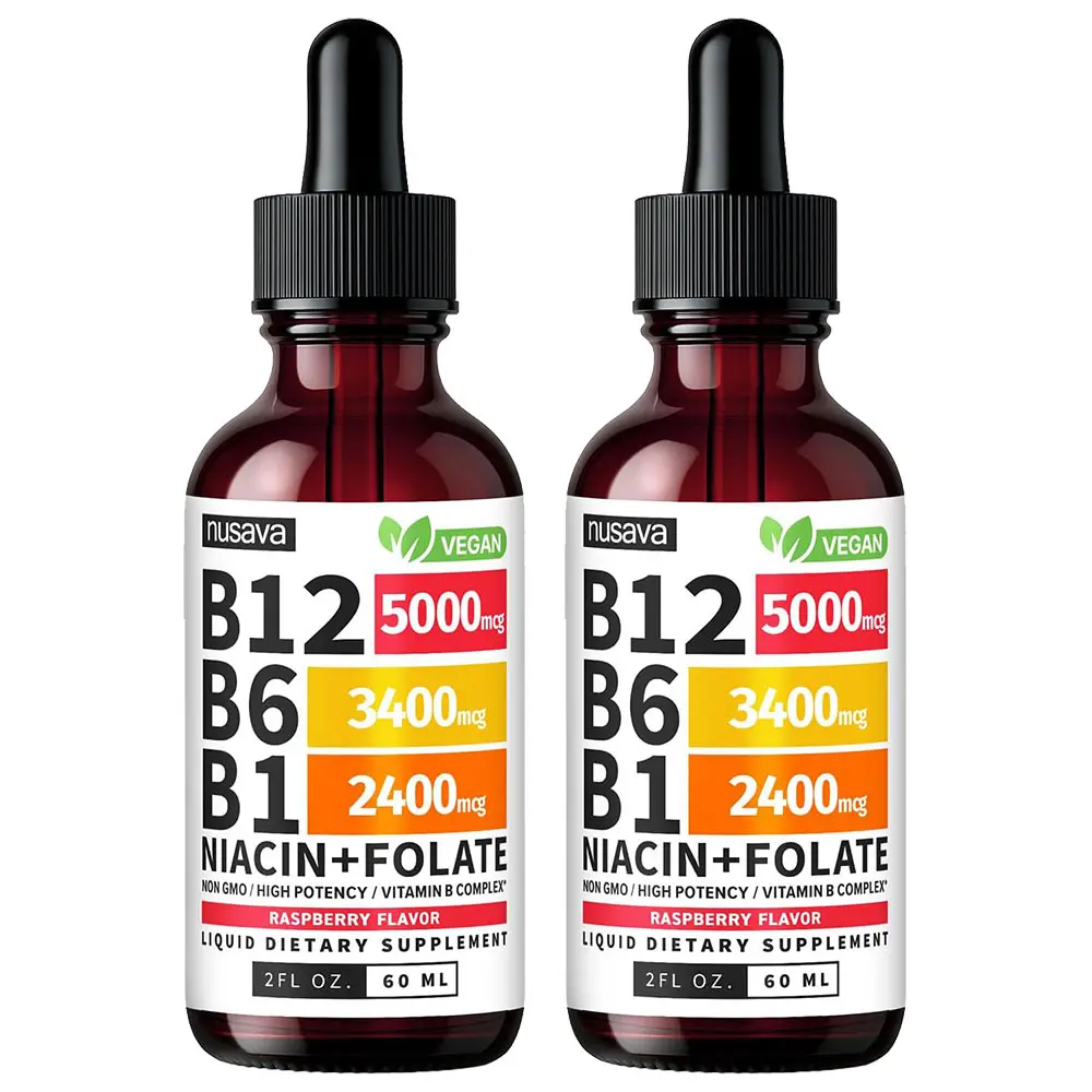 2 Pack NUSAVA Vitamin B12 Liquid Supplement Drops with B6, B1, Niacin & Folate - Edible Support for Energy, Brain & Heart, Non-GMO & Gluten-Free, 4 Fl Oz Fitness Dietary