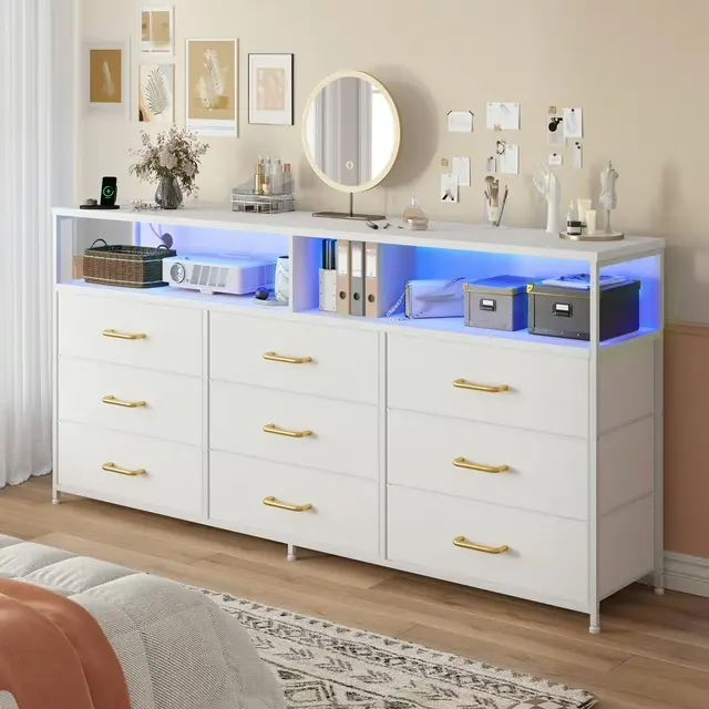 Raybee 55" Modern Dresser with 9 Fabric Drawers & LED Light,65 inch TV Stand with Built-in Power Outlet, Multifunctional Vanity Console & Entertainment Center for Living Room, Bedroom, Apartment, Smart Storage Organizer, Luxury Housewarming Gift for Women
