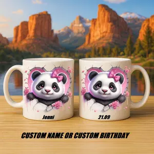 Personalized Cute Panda Girl Mug with Custom Name or Date, Pink Bow Panda Cracked Wall Design Ceramic Coffee Cup, Unique Custom Drinkware for Home and Everyday Use | Gifts for Kids | Home Decor | Hot Chocolate | Drinks | Novelty Gifts | Office Mugs |