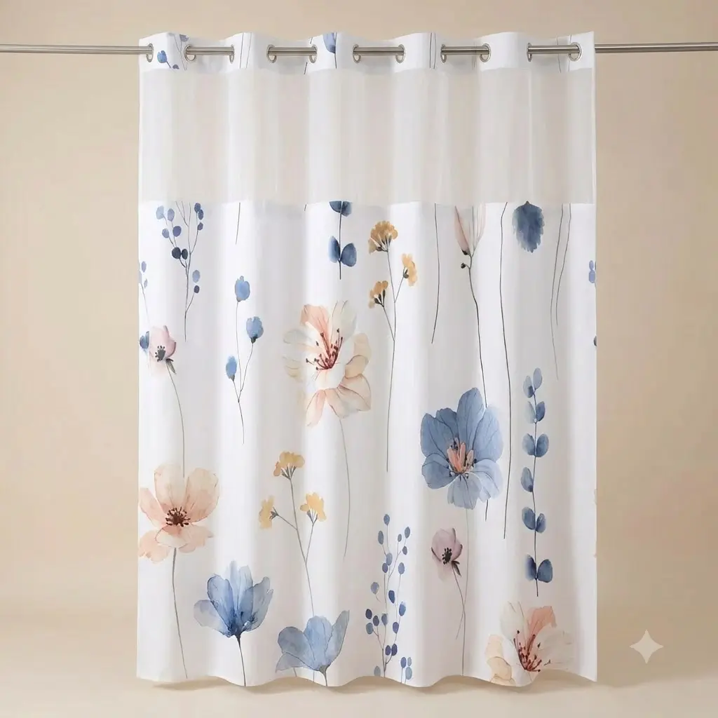 72x75 Inch No Hook Shower with Liner, Watercolor Floral Country Style Fabric Bath with Mesh Window 72x75 Inch No Hook Shower with Liner, Watercolor Floral Country Style Fabric Bath with Mesh Window