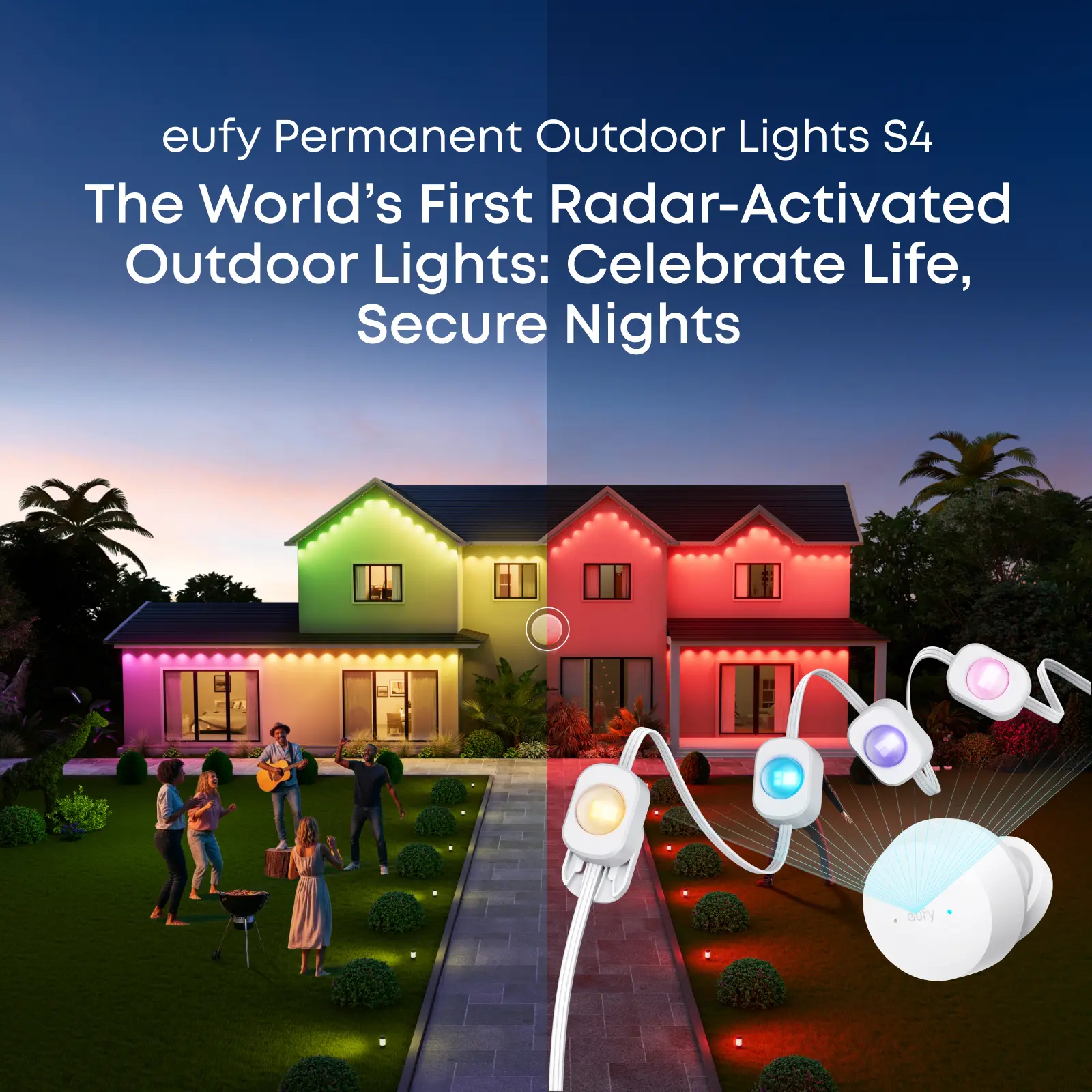 eufy Permanent Outdoor Lights S4; Radar-Activated Lights, 100 ft with 72 LEDs, RGB+WW Color Mixing Tech, IP67 Waterproof, Al-Driven Mood Lighting, Matter Enabled Lights, eufy Camera Compatible
