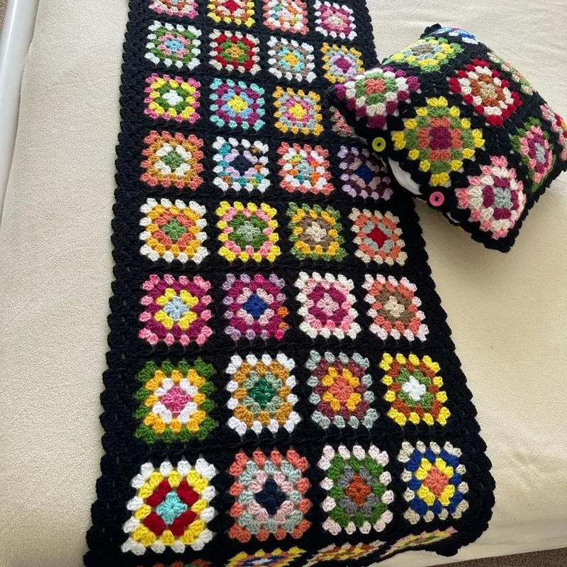 Crochet Granny Square Throw with Billow - Colorful Handmade Blanket for Home Decor