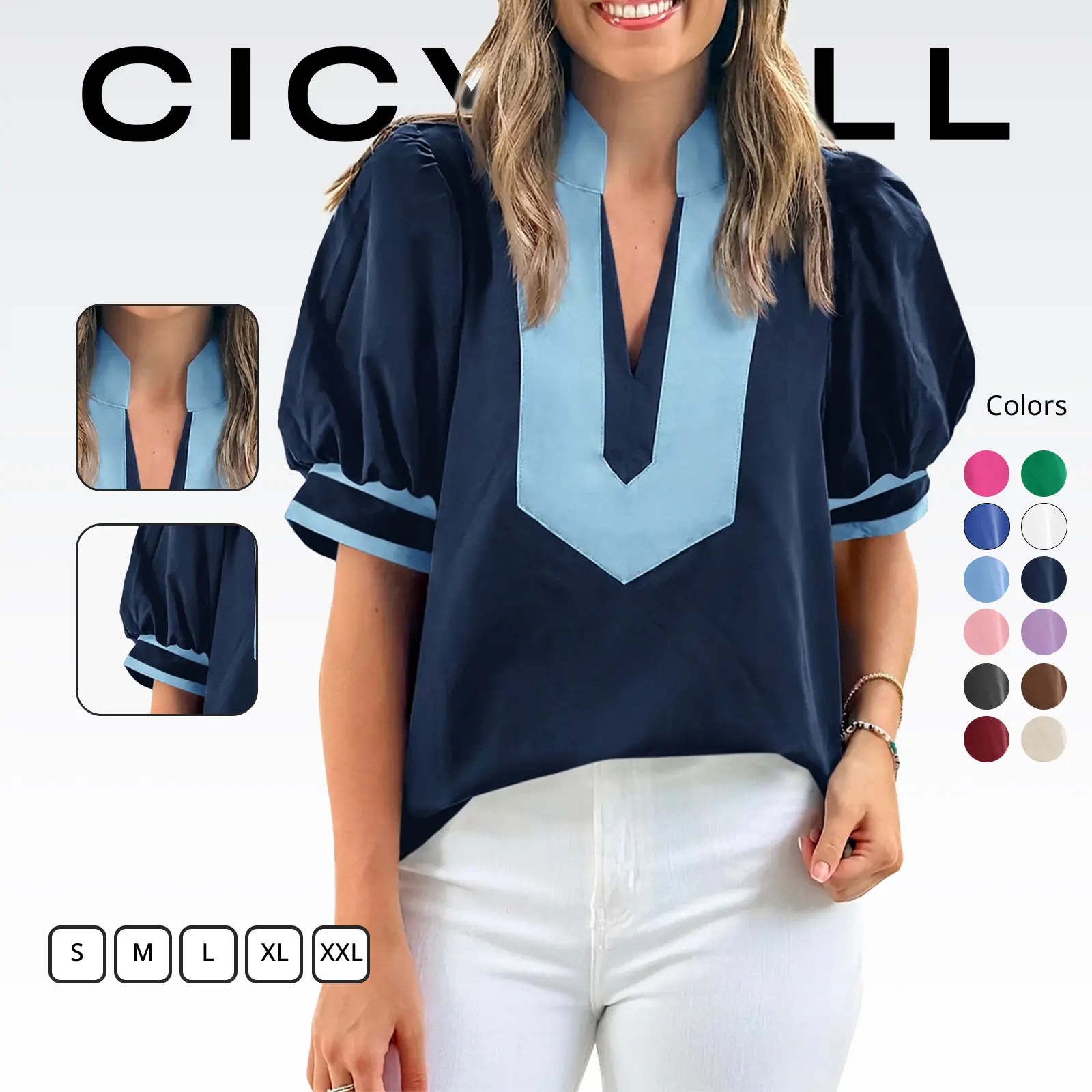 Cicy Bell Womens Color Block Puff Sleeve Blouses Summer Casual Dressy V Neck Tops Loose Fit Tee Shirts