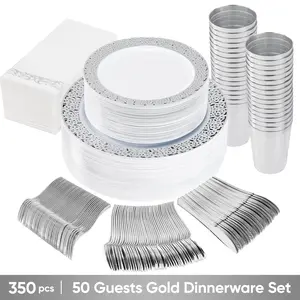Kerilyn 350/700 Pcs Disposable Party Dinnerware Set for 50 Guests, Gold Plastic Plates Silverware Napkins Cups, Ideal for Wedding Birthday Party Supplies        100 ？ ？