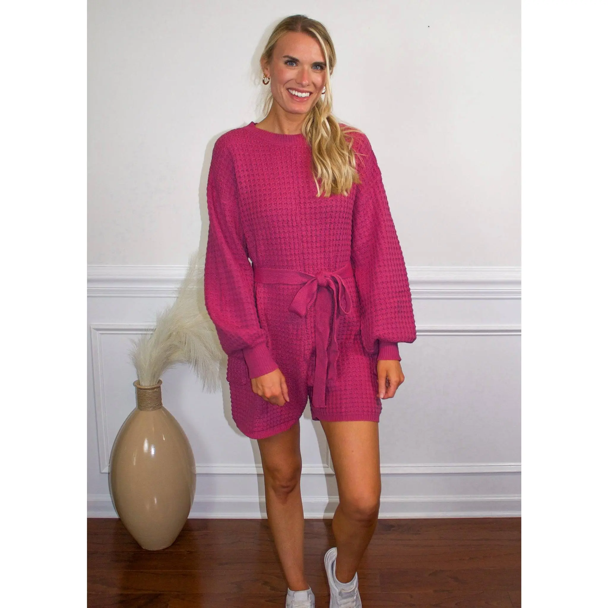 Stay Home Waffle Sweater Romper in Berry