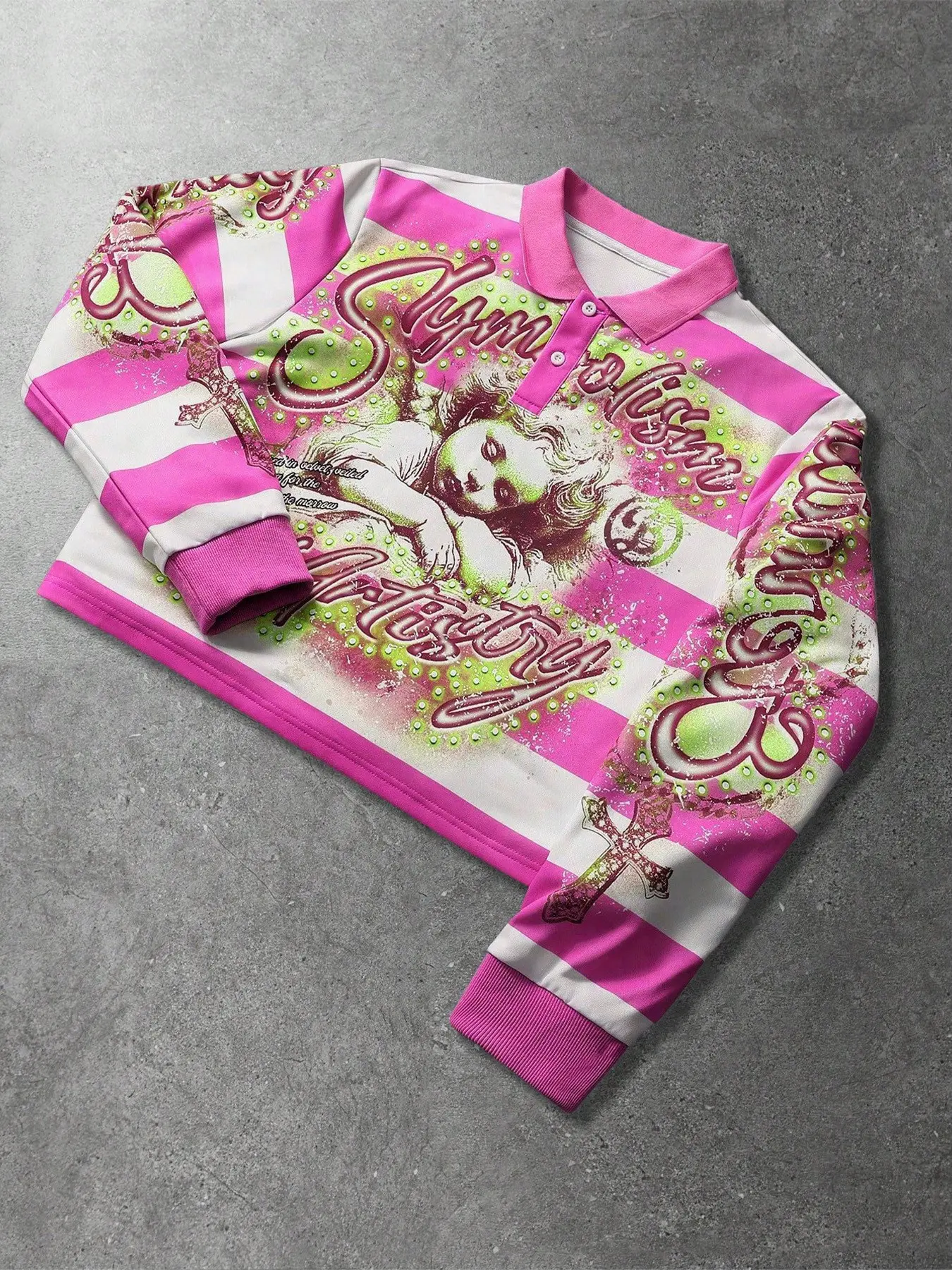 Y2K Cyber Pink Striped Cropped Polo Casual Sporty Vintage Sweatshirt for Women | Rhinestone Angel Graphic Pullover with Airbrush Detail | Aesthetic McBling Streetwear Top for Party & Clubbing | Cropped Fitted Sweatshirt