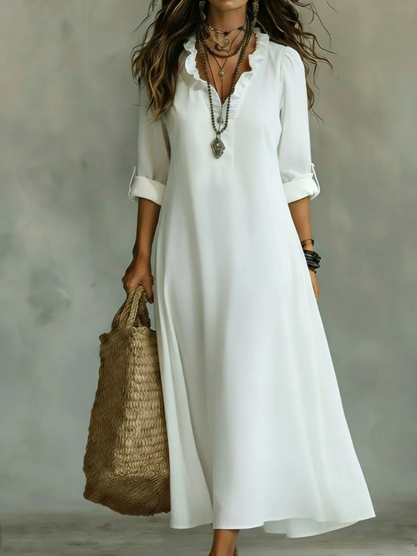 2026 Spring Summer Fashion Womenswear Lady Lace Pure Color Boho Style Woven solid color Fairy Dress Long Dress, Boho Style Dresses, Elegant, Elegance and Chic Design, Perfect for Special Occasions