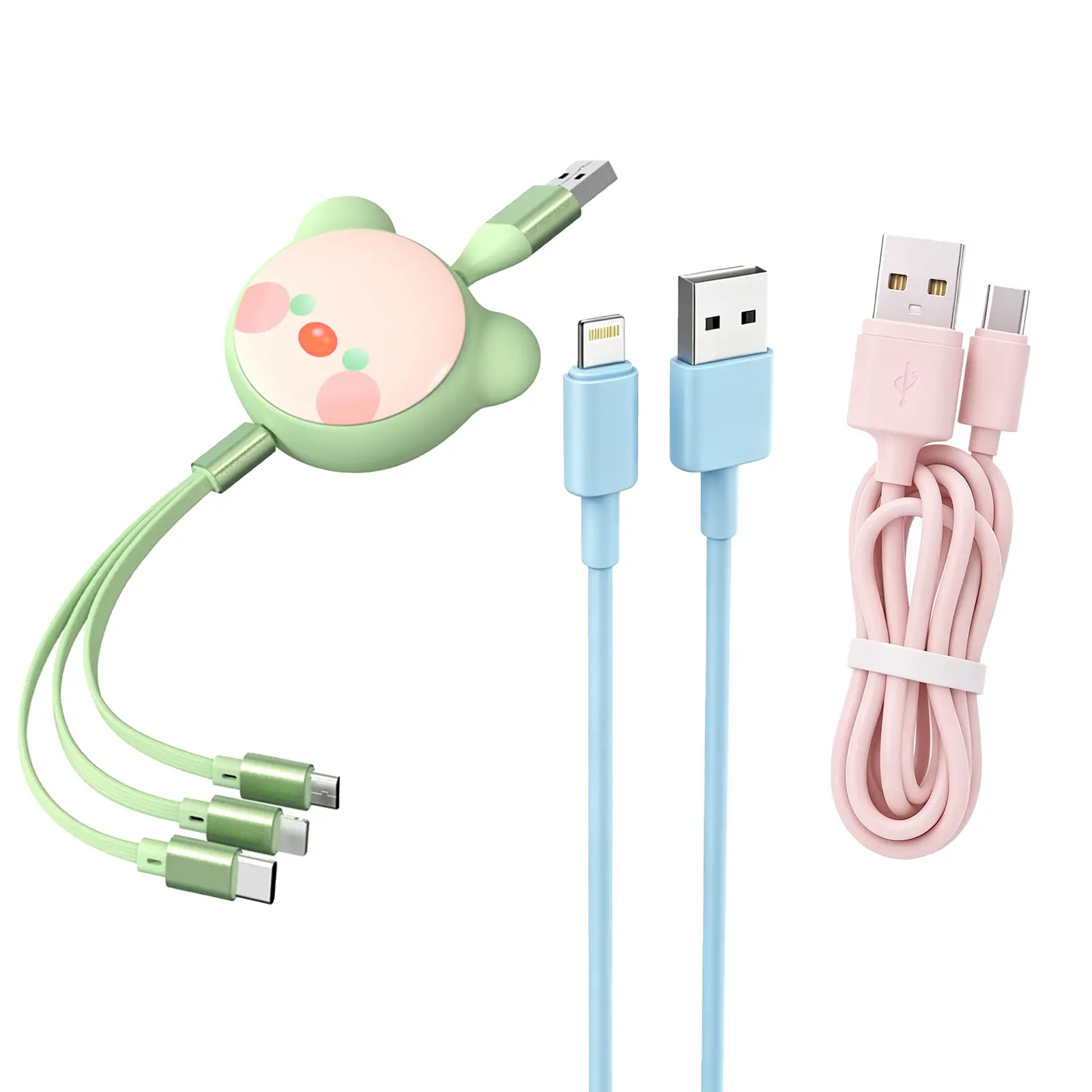 3Pcs Retractable 3 in 1 Multi Charger Cable, Universal Fast Charge Car Charging Cord with Lightning Type C Micro USB, Cute Pastel Portable Charger Wire for Car Home Travel