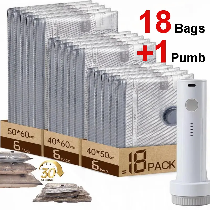 18 Pack Vacuum Storage Bags with 1 pumb, Vacuum Seal Bags for Blankets, Comforters, Clothing & Bedding - Space Saver Compression,Resealable Packaging Plastic Bags